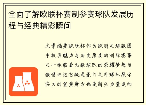 全面了解欧联杯赛制参赛球队发展历程与经典精彩瞬间